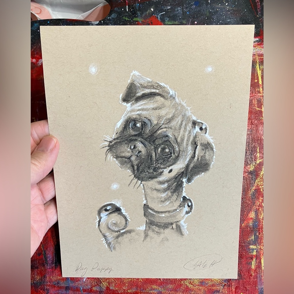 ORIGINAL Pug dog painting Art puppy ladybug surrealism fantasy fun artwork USA